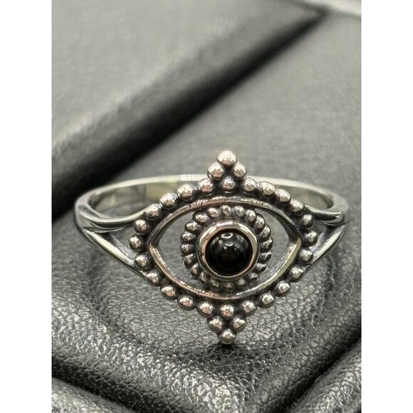 New Condition Sterling Silver Evil Eye Onyx Ring Size 7 - Picture 8 of 11